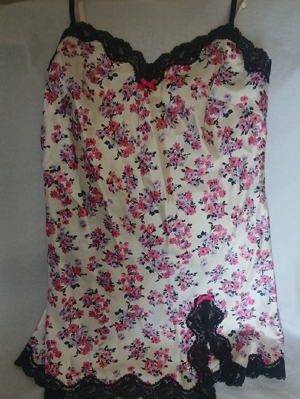 Victoria's Secret Cream Satin Chemise with Pink Floral Print & Black Lace